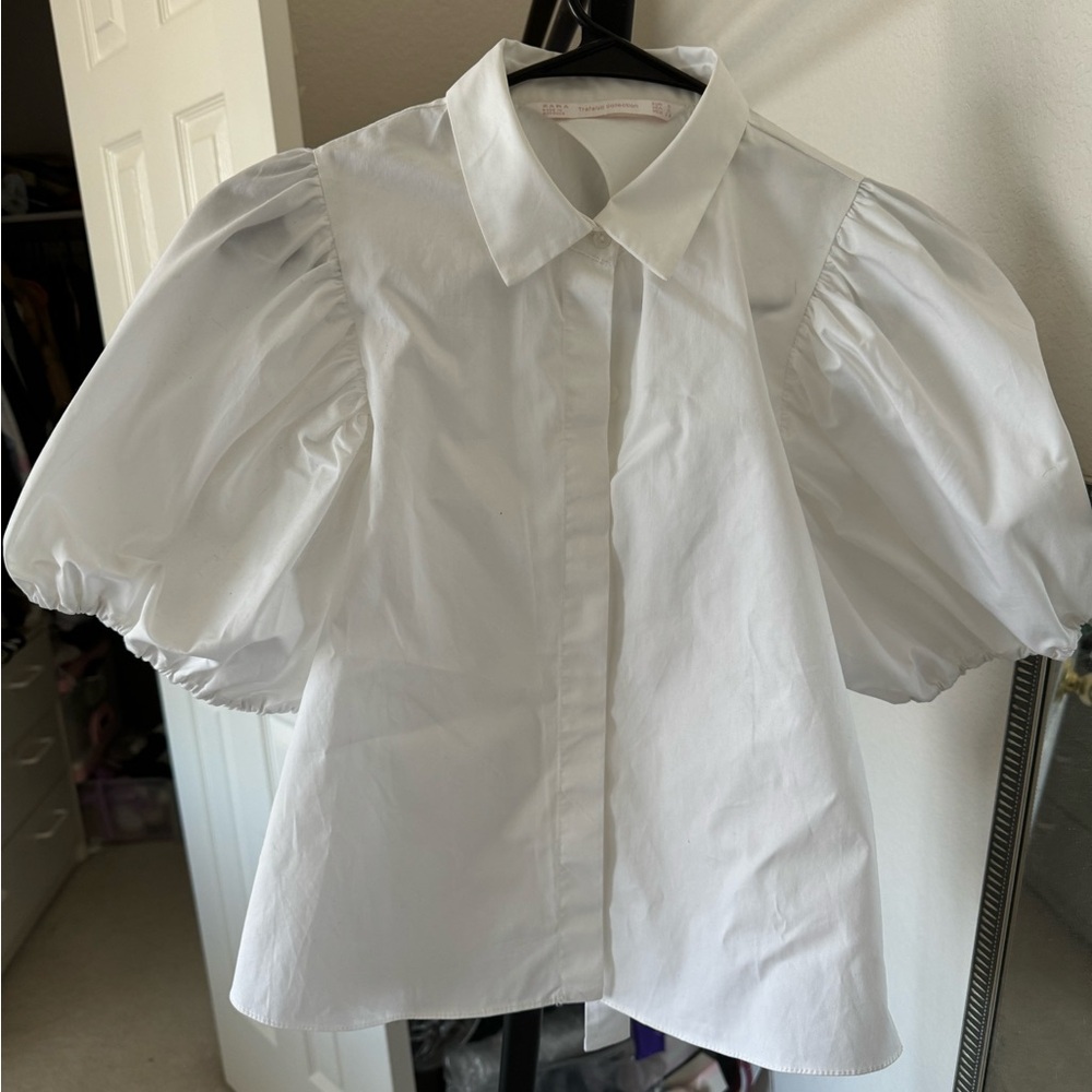 Zara White Puff Sleeve Open Back Blouse Size S